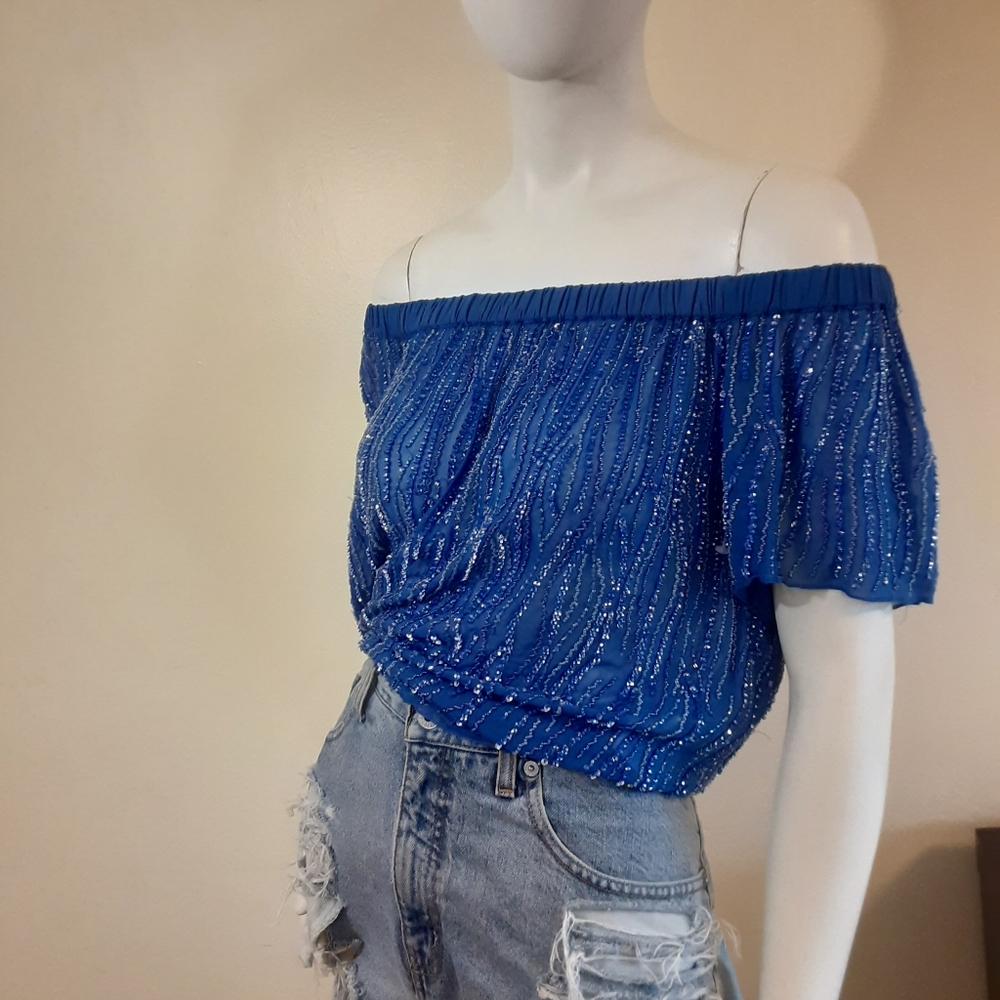 PARKER NY Blue Fully Beaded Off The Shoulder Top